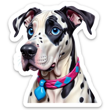 Cinematic Comical Harlequin Great Dane Portrait Emoji, Head tilted dramatically with an exaggeratedly shocked or amused expression, featuring a striking coat of predominantly white with vivid black patches, wide, expressive blue eyes filled with playful disbelief, Simplified yet hilariously expressive features, highly detailed, glowing with a slightly sassy glow, high shine, dramatic yet playful, stylized with an air of cheeky charm, bright and endearing, soft glowing outline, capturing the essence of a spirited and over-the-top guardian, so meme-worthy it feels like it could side-eye its way into internet fame instantly! sticker