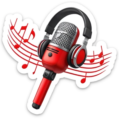 Create a dynamic and energetic emoji that represents beatboxing. The design should feature a stylized microphone with sound waves emanating from it, symbolizing vocal percussion and rhythm. Add elements like headphones or a subtle speaker to emphasize the music production aspect. Use bold colors like black, white, and red to convey the intensity and creativity of beatboxing. The background should be transparent. sticker