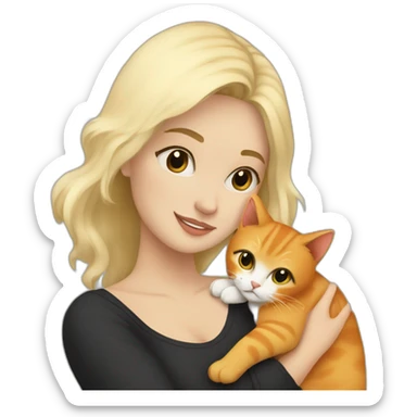 blonde-haired woman cuddling with a white and black and orange cat sticker