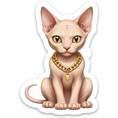 Sphynx cat full body sitting with a gold chain, one eye closed sticker