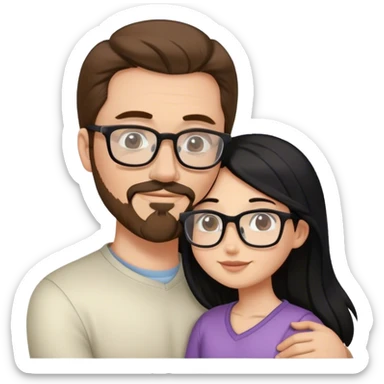 Tall white man brown hair and goatee hugging small woman long black hair square glasses sticker