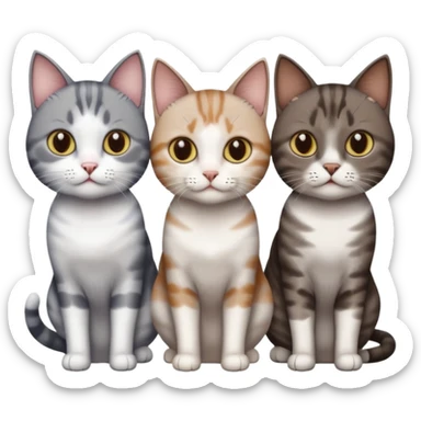 3 different coloured short haired cats including; a dark brown tabby and white cat, and a dark grey and white  sticker