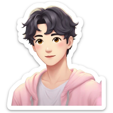Gorgeous bright sparkly romantic Asian anime pastel guy with blushing face aesthetic trending style outside sticker