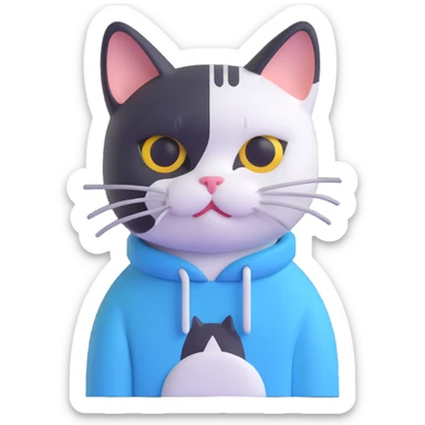 black and white cat wearing light blue sweatshirt sticker