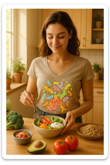 A realistic, warm-toned image of a young woman in a bright, cozy kitchen preparing a healthy meal rich in fiber and probiotics. She smiles softly, focused and calm, as she adds fresh vegetables, fermented foods like yogurt or kimchi, and whole grains to a bowl. Around her abdomen, a subtle, glowing overlay of balanced gut flora—colorful, friendly bacteria and microbes—swirls gently, symbolizing intestinal health and harmony. The setting is natural and inviting, with sunlight streaming through the window, potted herbs on the counter, and clean wooden surfaces. The overall mood conveys wellness, self-care, and the positive journey toward gut balance sticker