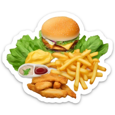 plate of food with chicken french fries burger and green leafs wide ange sticker