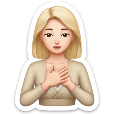 Woman making a “no thanks” gesture like refusing food or drinks offered. One hand on her chest, the other hand free, eyes closed sticker