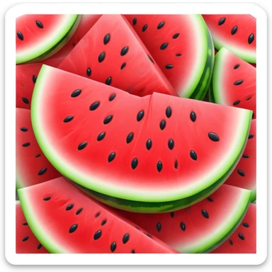 Cinematic juicy watermelon, thick slices revealing vibrant red interior, glossy and glistening with tiny black seeds, fresh and refreshing, soft glowing background, summer vibes. sticker