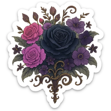gothic bouquet, mix of black, pink, and purple flowers, ornate details, elegant, whimsical, soft lighting sticker
