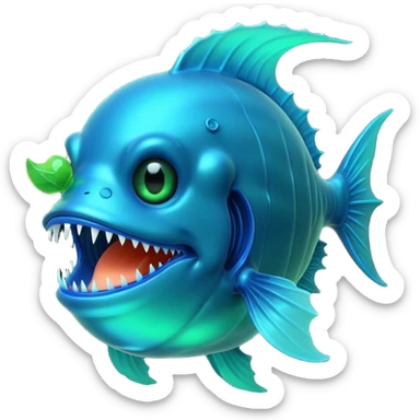 3D render of Anglerfish, bioluminescent deep sea style, glowing neon blue and green lights, dark background to contrast the glow, translucent organic textures, Apple emoji style, 3D render --v 6.0 sticker