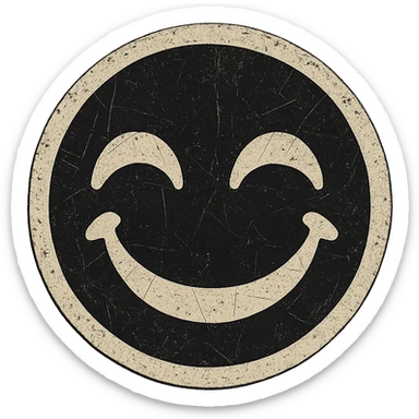 Create a dark, laughing emoji in retro-stickers style with clear black outlines, no gradients, and an aged effect including wear, scratches, and cracks. Inspired by the reference image provided. sticker