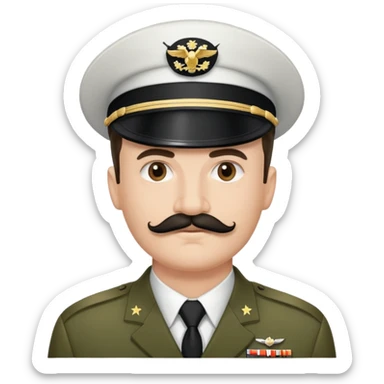 Military man with a very small black moustache. His hairline goes straight from left to right. He doesn’t wear a hat sticker