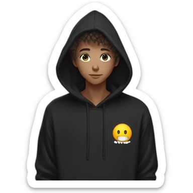 anime character in black hoodie back hairs ai guru written on his shirt sticker