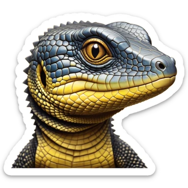cinematic-realistic-cute-monitor-lizard-portrait-emoji,-head-tilted-playfully-and-inquisitively,-featuring-a-compact,-agile-body-with-finely-detailed,-glossy-scales-in-earthy-black and yellow-hues-and-a-distinct,-alert-face-with-bright,-curious-eyes, black , yellow spotted and green band  scales and a big long neck sticker