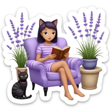 moji illustration, full body woman reading a book on a cozy armchair in a lavender garden, two separate cats next to her (one solid black cat, one brown tabby cat with stripes), small side table with coffee mug, soft peaceful vibe sticker