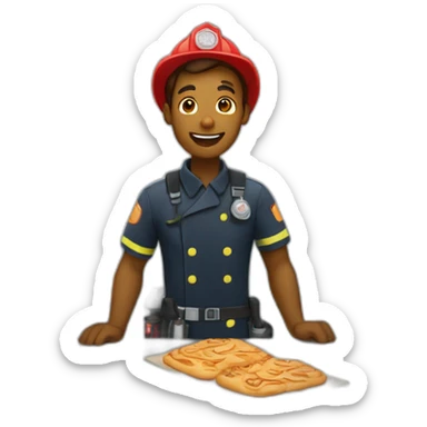 A firefighter baking pastries in a bakery. sticker