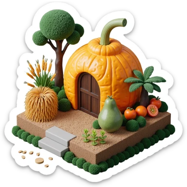 Exterior view of an alien farm built on a small square platform, strange organic buildings shaped like alien fruits, bizarre plant forms growing from glowing soil, twisted wheat and mutated vegetables, surreal atmosphere, emoji-style sticker