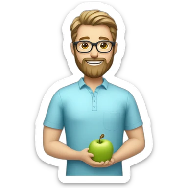 A male nutritionist with a full beard and dark blonde hair and white skin and glasses holding an apple in his hand. Who has a light blue shirt on. sticker