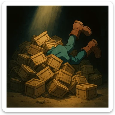 A pile of small oblong crates hidden in a dark area with a beam of light shining from above, with someone’s boots sticking out like they dove in sticker