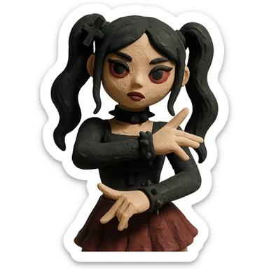 K-pop inspired gothic girl, claymation style, matte clay textures, gothic accessories, K-pop choreography pose sticker