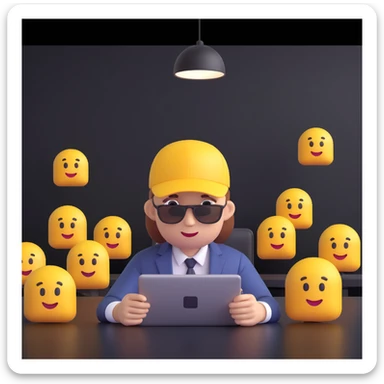 Show the millennial entrepreneur with cap and shirt in a modern meeting room, 3D emoji style. sticker