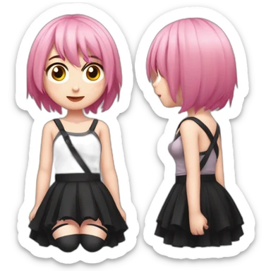 Full body Front view curvy emo girl pink hair sits on the floor straight view hands up black skirt полосатые рваные чулки sticker