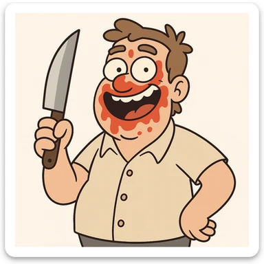 cartoon man holding a knife with ketchup on face, funny and exaggerated, no realistic violence, white background sticker