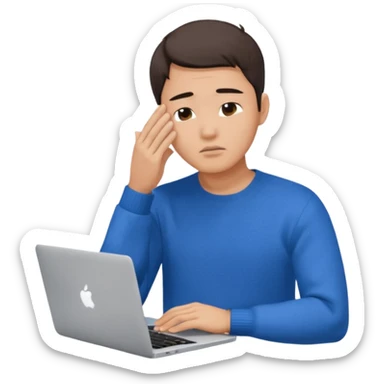 a asian handsome guy wearing a blue knit with white shirt, facepalming with only one hand, with a macbook, only upper body, high quality sticker