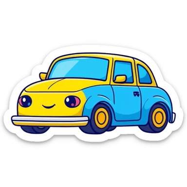 A yellow cartoon toy car with a cute face and rosy cheeks sticker