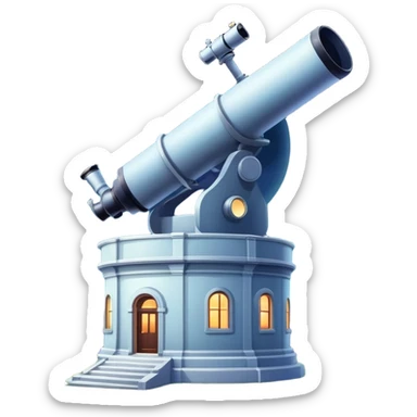 An icon featuring an observatory with a giant telescope, set against a starry sky. The design includes visible planets, distant stars, and galaxies, symbolizing the study of astronomy and celestial exploration. Transparent background highlights the wonder of the universe. sticker