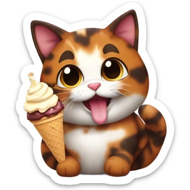 Cute fat tortoiseshell cat eating ice cream sticker