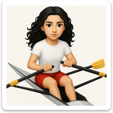 Altındaki tekneyi olimpik kürek sporu için uygun, uzun ve ince yarış teknesi olarak değiştir. Kız siyah uzun dalgalı saçlı, beyaz tenli, kırmızı şort ve beyaz kısa kollu tişörtle olimpik kürek sporu yapıyor sticker