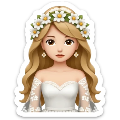 Chica blanca, cabello castaño, recogido en moño alto con mechones, vestido novia de manga larga, cuerpo entero, ramo de flores en una mano sticker