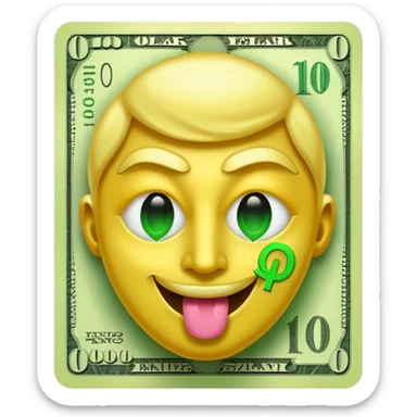 money face emoji. The face should be bright yellow, with exaggerated dollar-sign eyes glowing in neon green, and a tongue sticking out shaped like a crisp $100 bill. Add a shiny, golden aura behind the face sticker