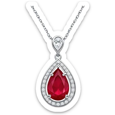 teardrop-shaped ruby pendant cradled in a delicate silver chain, haloed by shimmering white stones sticker