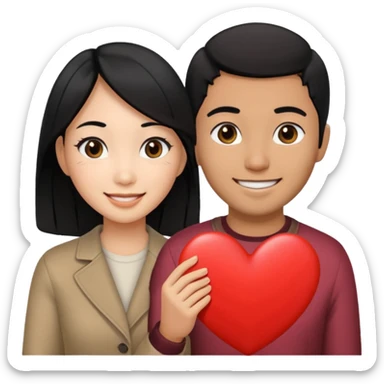 Asian Woman with black hair black eyes, brown man with black hair black eyes, and love heart sticker