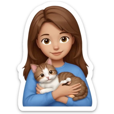 Create an emoji that has a girl wearing a blue shirt and brown hair snuggling a kitten. Smiling sticker