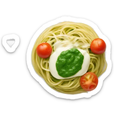 A white plate with spaghetti with green pesto with mozarella and tomato  sticker