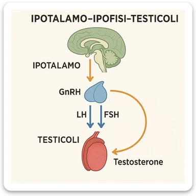 clear and realistic infographic of the HPT axis (hypothalamus-pituitary-testes): showing hypothalamus, pituitary gland, and testes connected by arrows, including hormone names (GnRH, LH, FSH, testosterone), simple diagram, distinct colors for each part, scritte in italiano sticker