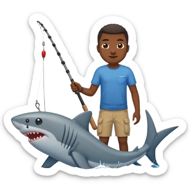 Black man pulling a shark out of the water with a fishing pole, emoji style sticker
