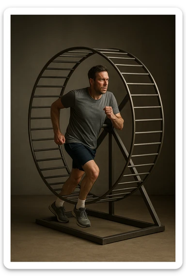 uomo che corre dentro la ruota del criceto come un circolo vizioso immagine realistica sticker