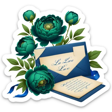 A charming arrangement of deep green peonies placed beside an old blue love letter with an intricate navy blue wax seal. sticker