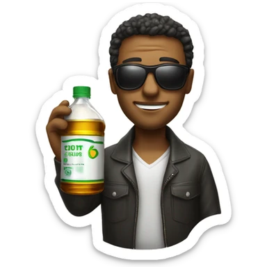 Man in sunglasses drinking oil with a smirk sticker