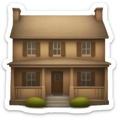 front view of a brown, square, house with a sun painted on the front sticker