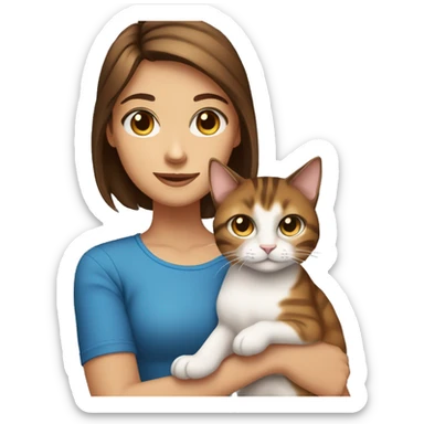 girl with blue eyes brown hair and tanned holding a tabby cat sticker