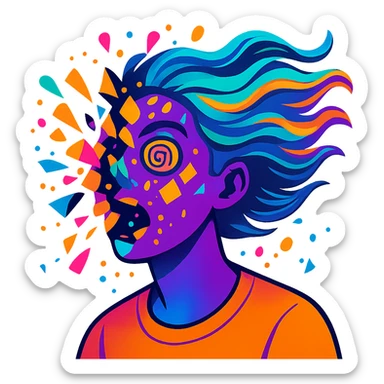 person with acid purple and turquoise neon skin, face breaking apart in colorful explosion, airbrushed, hair as flowing liquid color, spiral eyes, geometric accents, paint flecks, energetic motion sticker