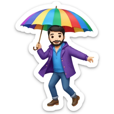 A dark-haired boy with a white beard dancing with an umbrella in the rain sticker