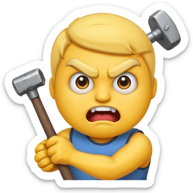 stupid angry emoji holding a sledgehammer, exaggerated expression sticker