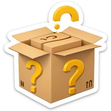 amazon box printed with q&a over stuffed with yellow question marks sticker