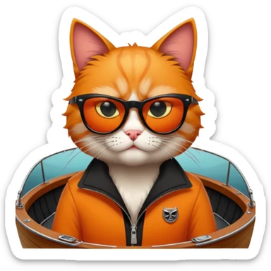 a bad kitty behind the helm of a boat. make the cat look devlishish with a pair of black ray bans wayfers on.  sticker